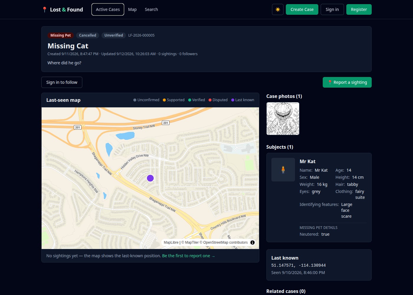 A Lost & Found case page in the browser: case number and status badges, title, description, the last-seen map with a last-known marker, a case photo, a subject card with identifying details, and the start of the comments thread.