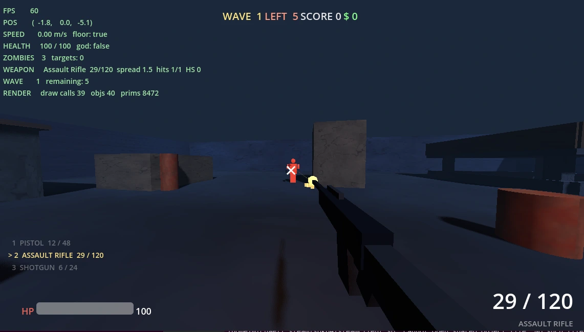 Zombie Arena development build: a first-person view down a blockout street with the assault rifle equipped and one zombie marked by the targeting indicator, with the debug overlay showing FPS, health, wave and score.